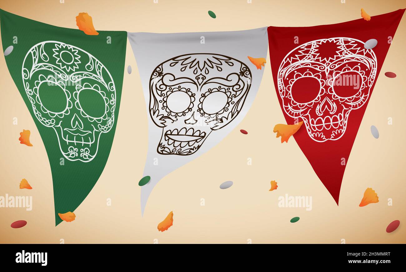 Confetti e petali si abbellano sui pennanti con teschi tradizionali e colori messicani, per la celebrazione del giorno dei morti. Illustrazione Vettoriale