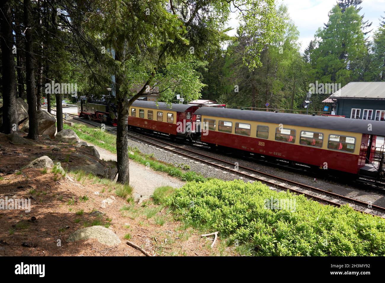 Brocken Ferrovia Brockenbahn nella stazione di Schierke nel Parco Nazionale di Harz in Germania Foto Stock