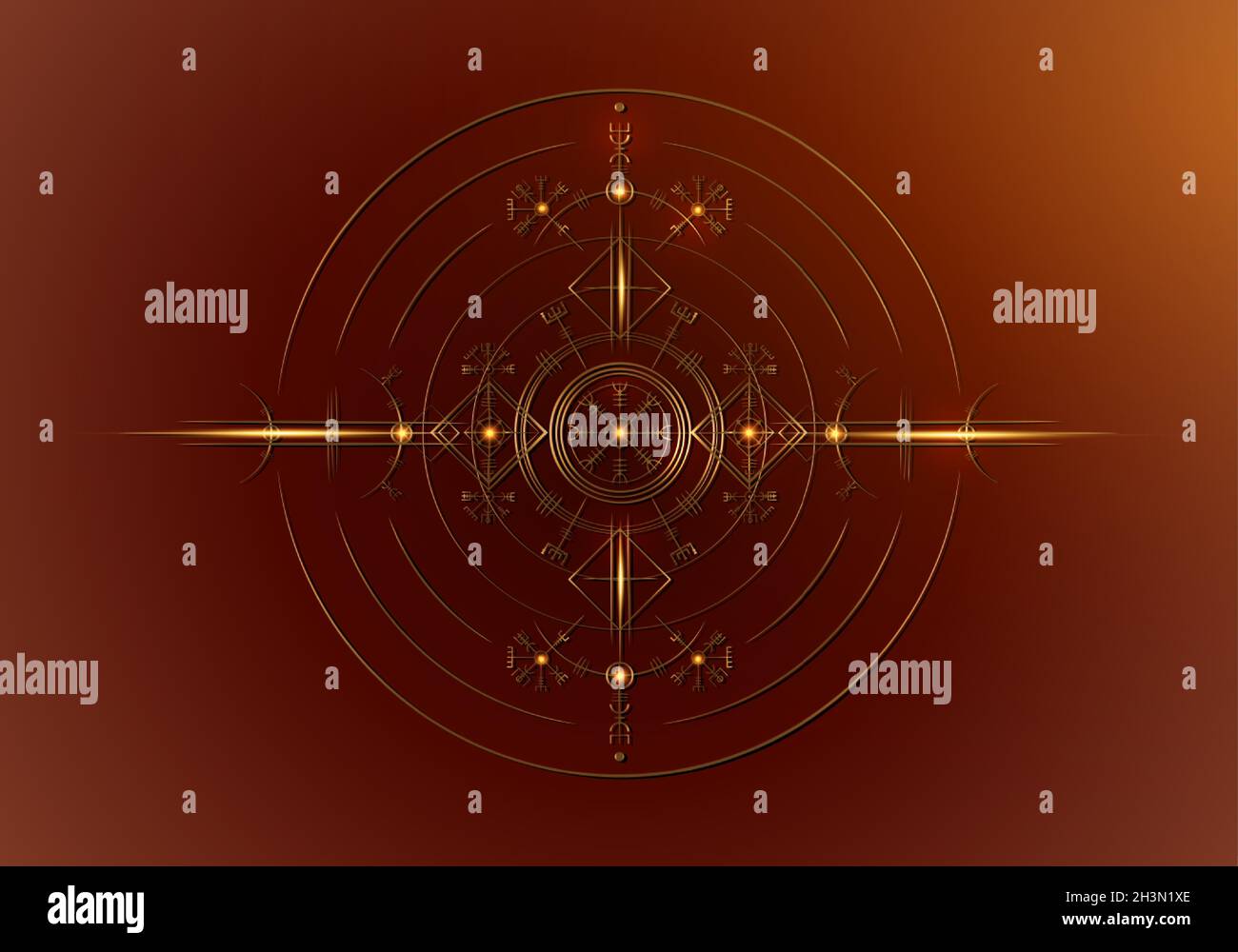 Magia antica vichinga art deco, Gold Vegvisir navigazione bussola antica. I Vichinghi usarono molti simboli secondo il segno mitologico di Norse Illustrazione Vettoriale