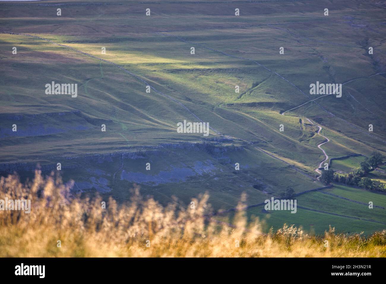 Vista panoramica da sopra Kettlewell nello Yorkshire Dales National Park con ripida Cam Gill Road in lontananza, Wharfedale, North Yorkshire, Inghilterra Foto Stock