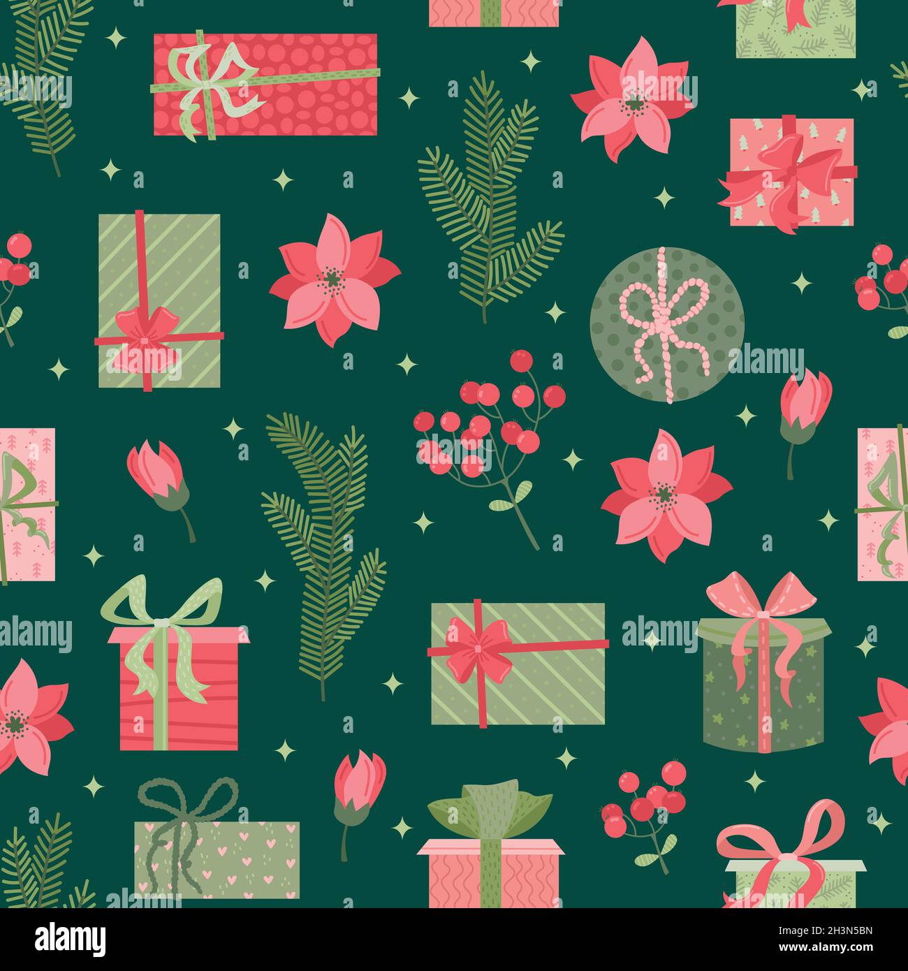 Modello vettoriale senza giunture di piante di natale, giocattoli di natale, piante e fiori Illustrazione Vettoriale