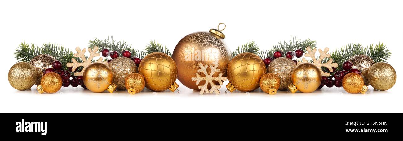 Bordo di Natale di ornamenti d'oro con rami. Vista laterale isolata su sfondo bianco. Foto Stock
