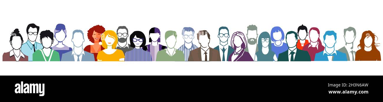 Gruppo di persone ritratto, volti su sfondo bianco. Foto Stock