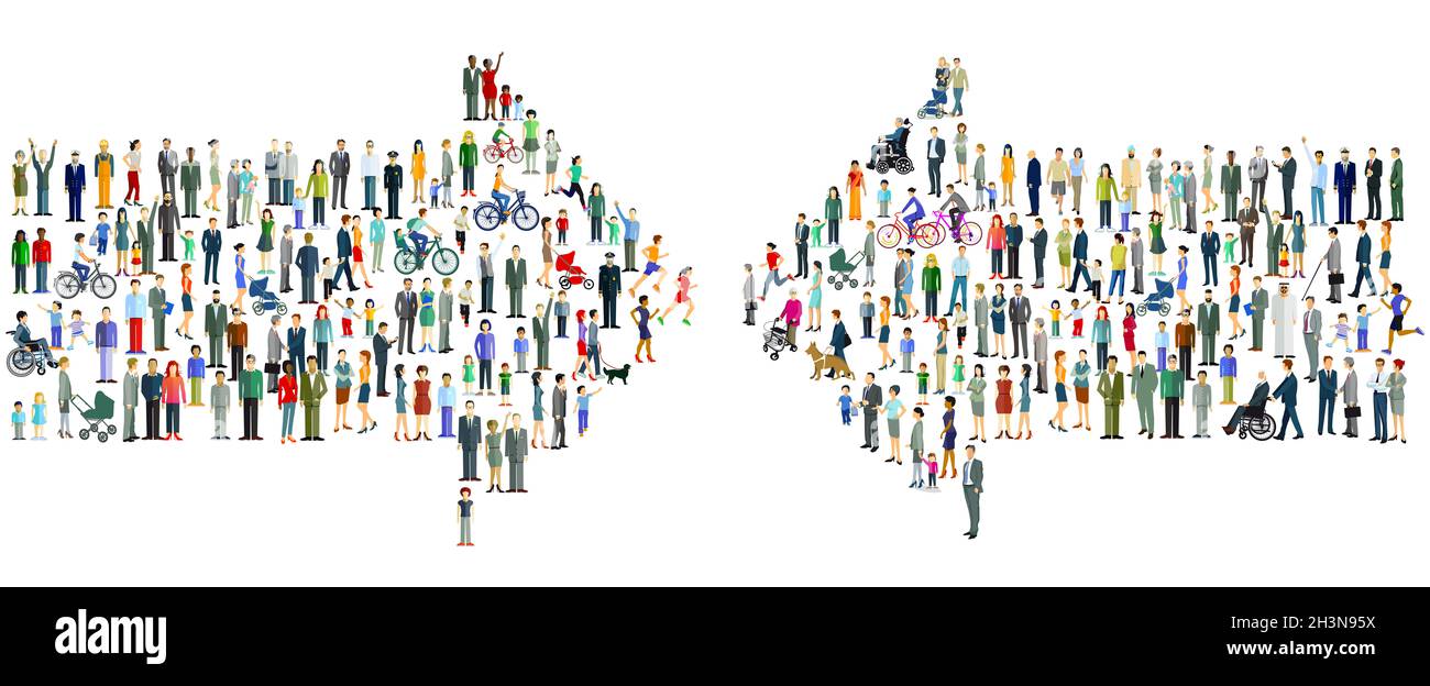 Due grandi gruppi diversi si affrontano l'uno con l'altro Foto Stock