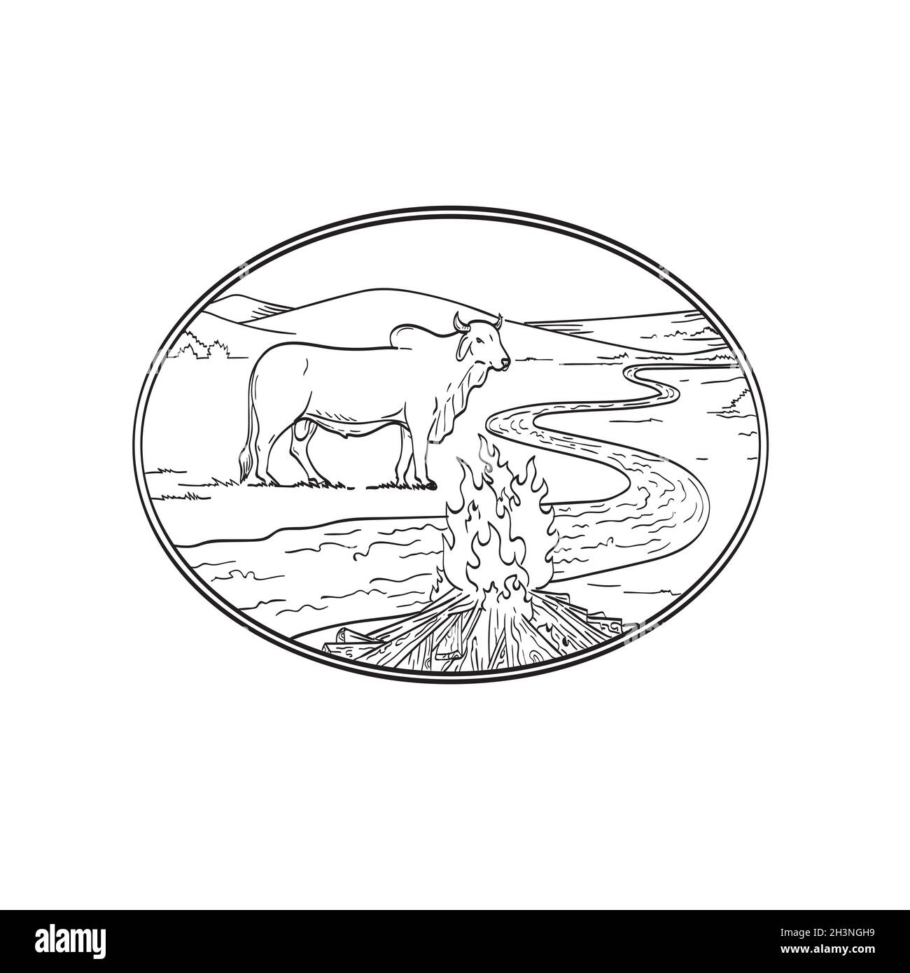 Brahman Bull in piedi con Winding River o Creek Mountain Range e Campfire Line Art disegno tatuaggio stile nero e bianco Foto Stock