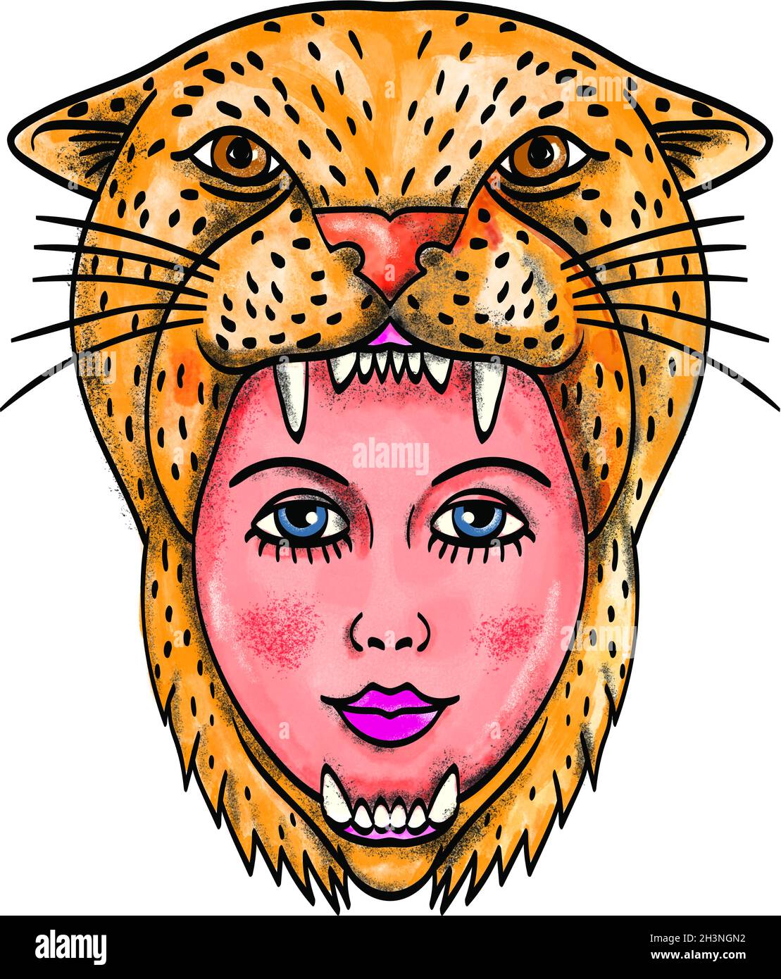 Amazon Warrior che indossa un headdress Jaguar Tattoo Style Full Color Foto Stock