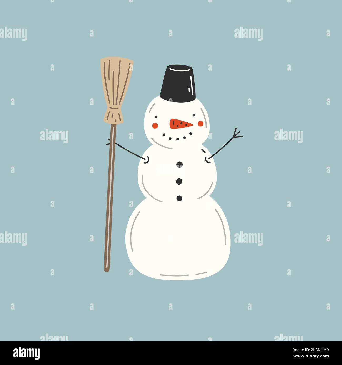 Snowman in cappello secchio con una scopa su sfondo blu. Illustrazione vettoriale Illustrazione Vettoriale