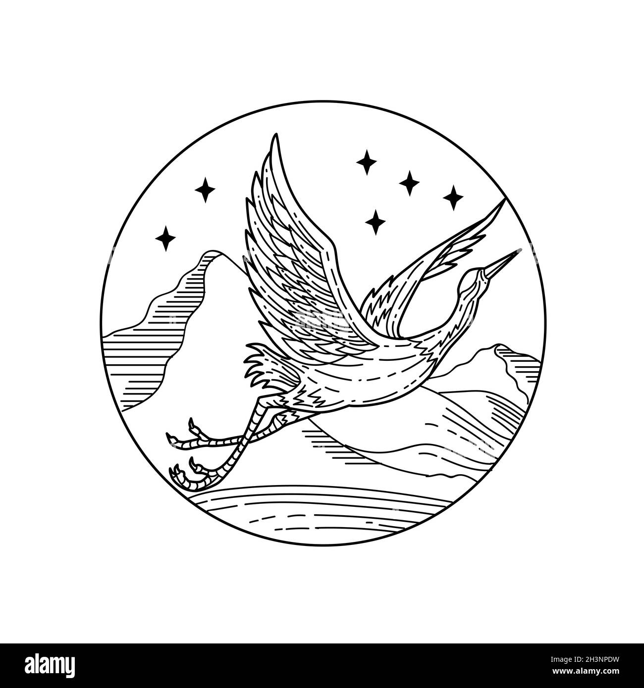 Great Blue Heron volare sulle montagne con lo stile Star Circle Mono Line in bianco e nero Foto Stock