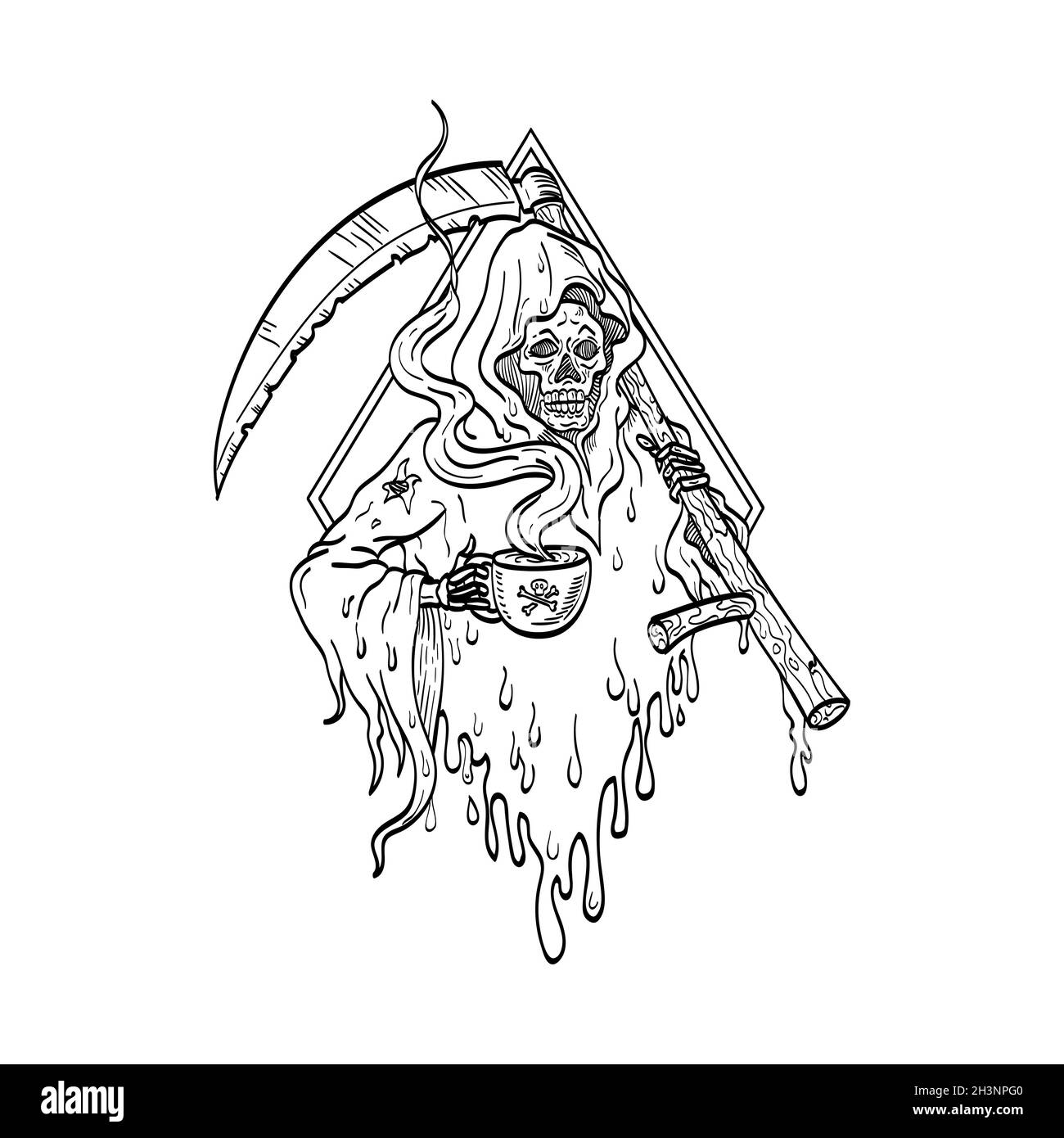 Grim Reaper Holding Fumare Hot Cup of Coffee and Scythe Tattoo Line disegno in bianco e nero Foto Stock