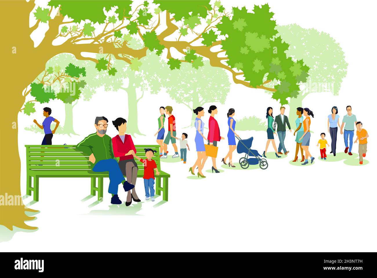 Parco verde della città con famiglie e persone Foto Stock