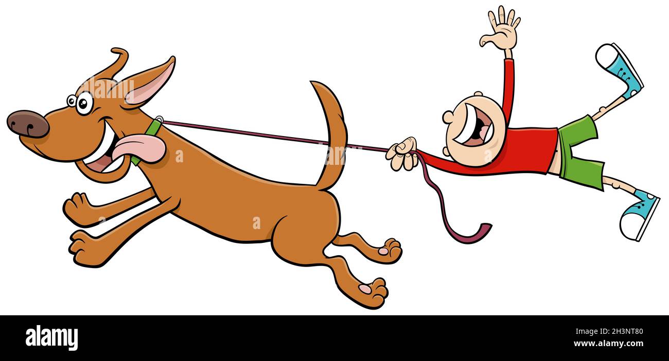 Cane tira il bambino su cartoon illustrazione guinzaglio Foto Stock