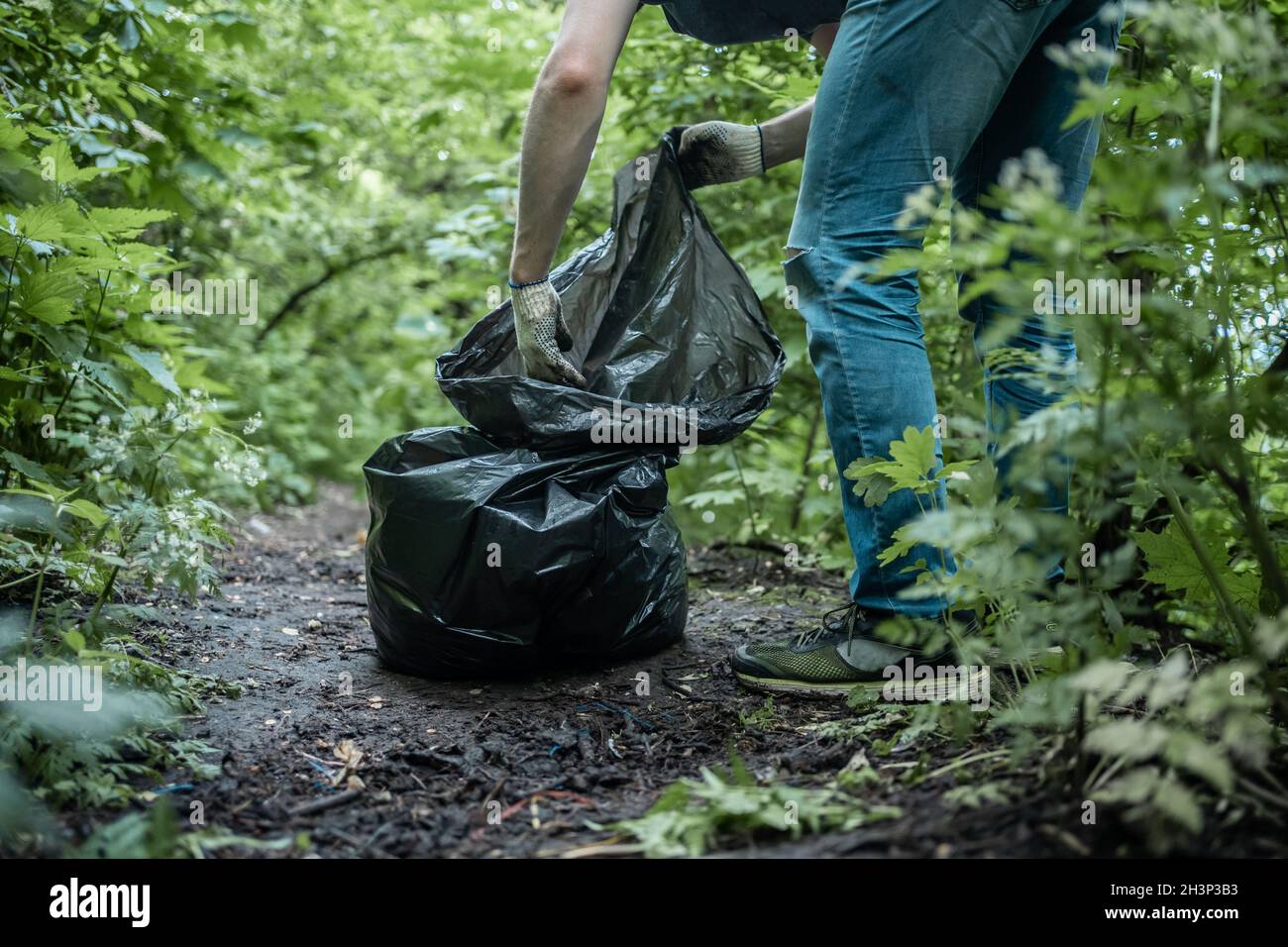 il pulitore volontario sta pulendo il parco e sta in piedi da un mazzo di sacchetto della spazzatura Foto Stock