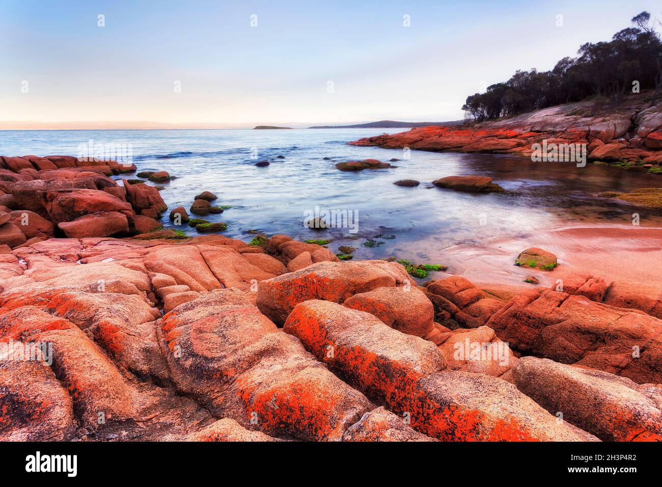 Piccola spiaggia di sabbia rossa sulla baia di Coles della costa orientale in Tasmania all'alba - scoscese rocce di granito rosso dipinte da lichen. Foto Stock