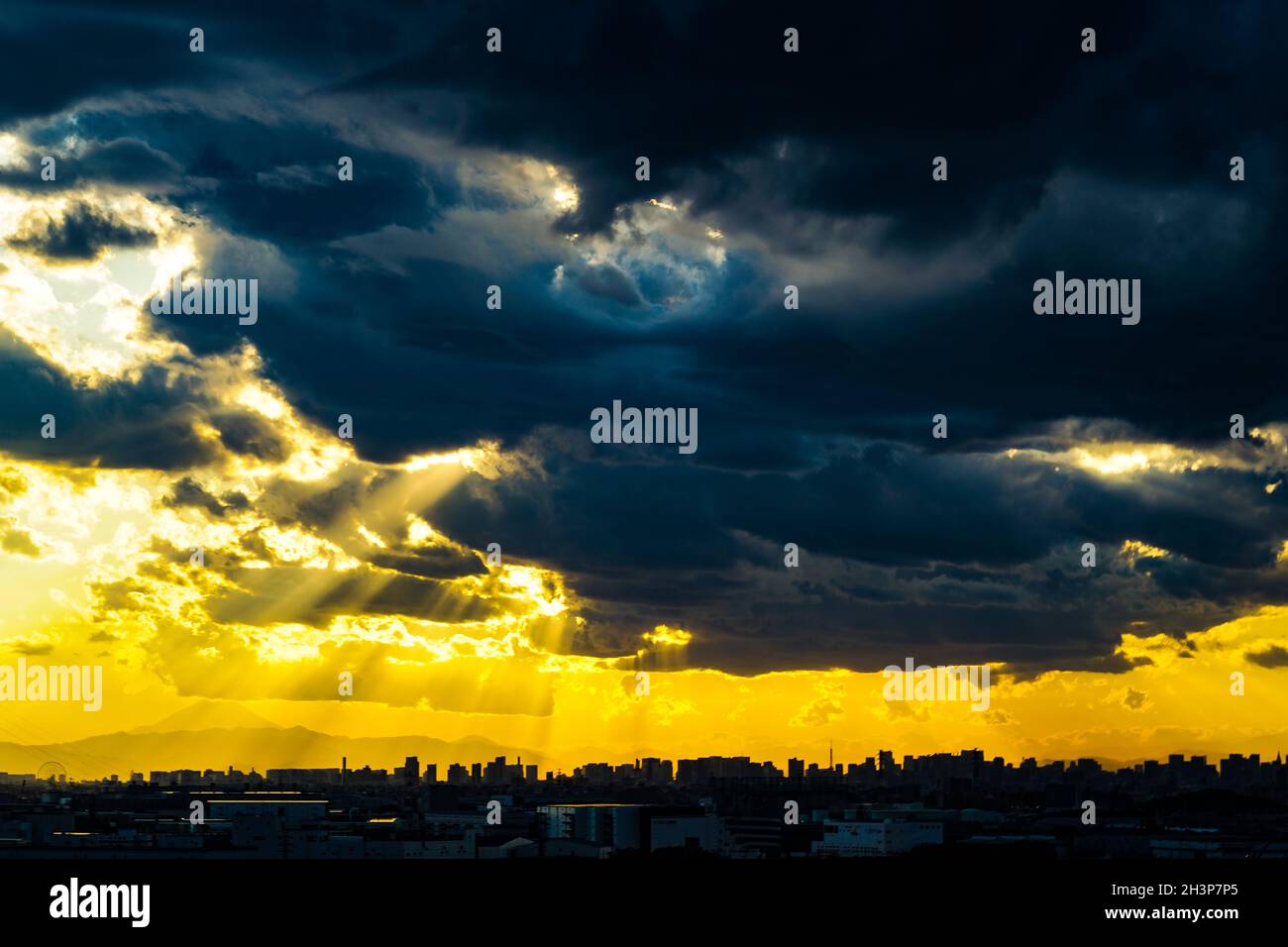 Lo skyline di Tokyo e il Monte Fuji, avvolto al crepuscolo Foto Stock