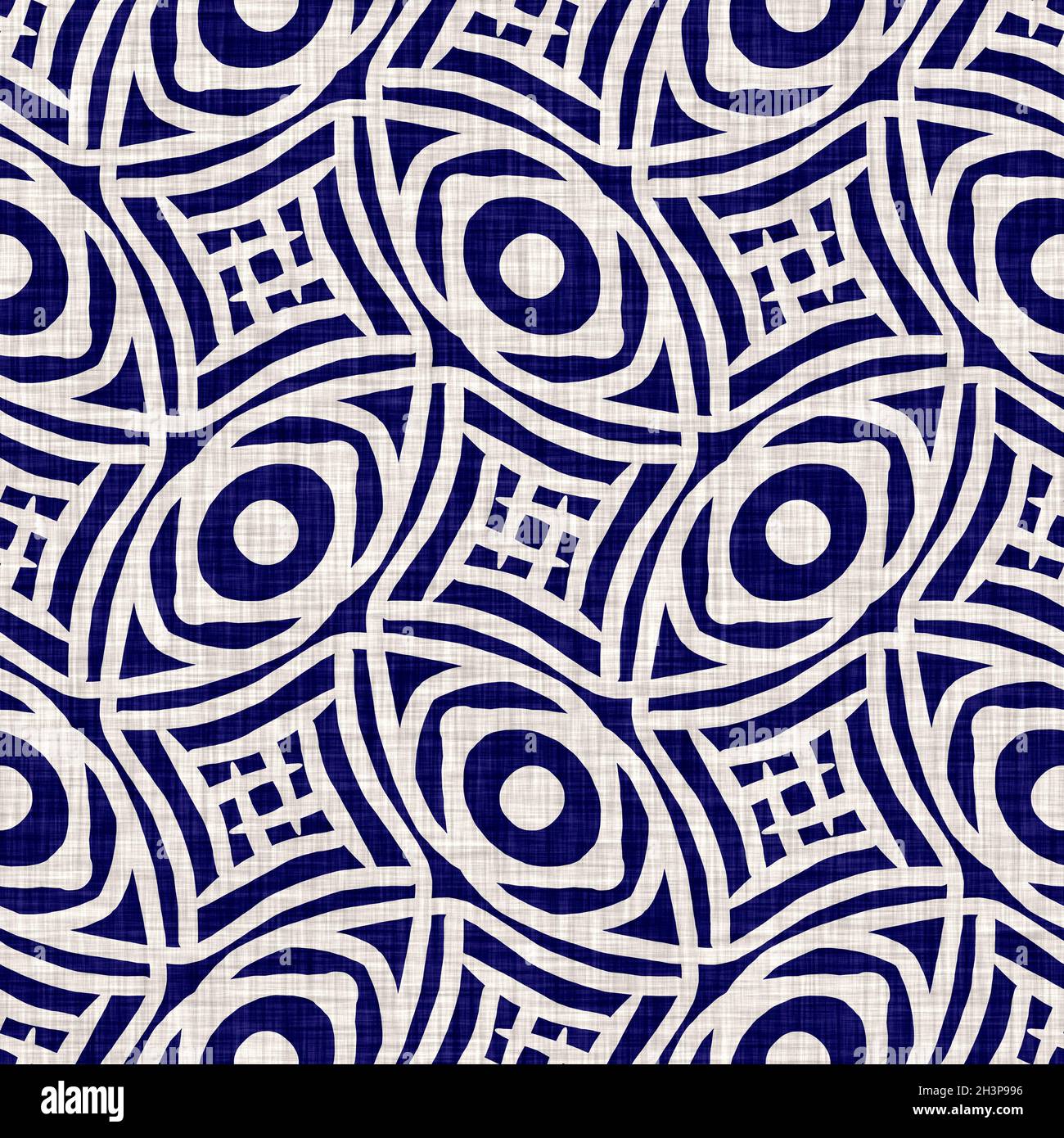 Texture indaco-cerchio senza cuciture. Sfondo blu effetto boro cotone tinto. Giappone ripetizione batik modello di resist. Stampe asiatiche stellato Foto Stock