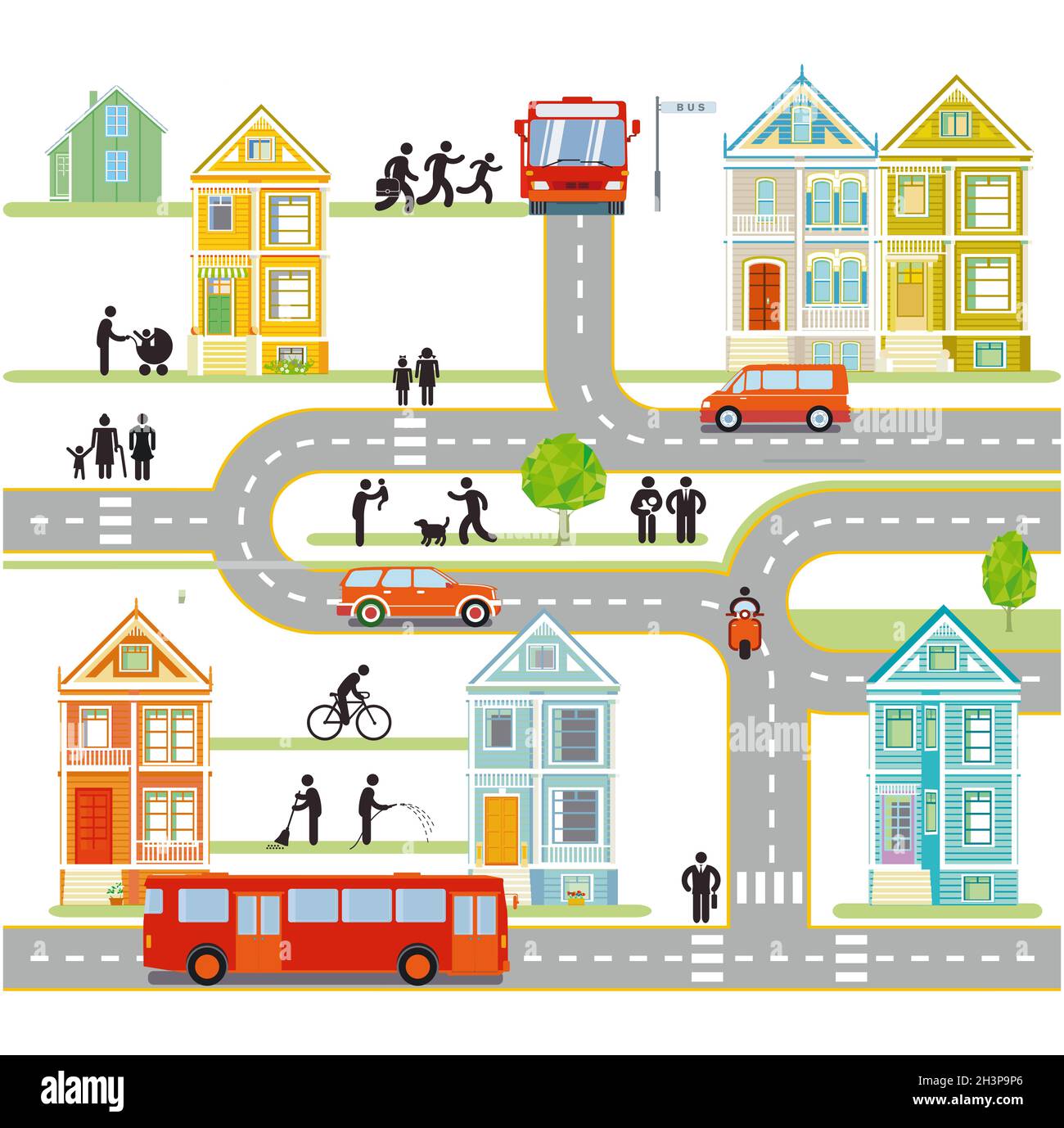 Profilo della città con traffico e persone, infografica, comunità, mappa della città Foto Stock