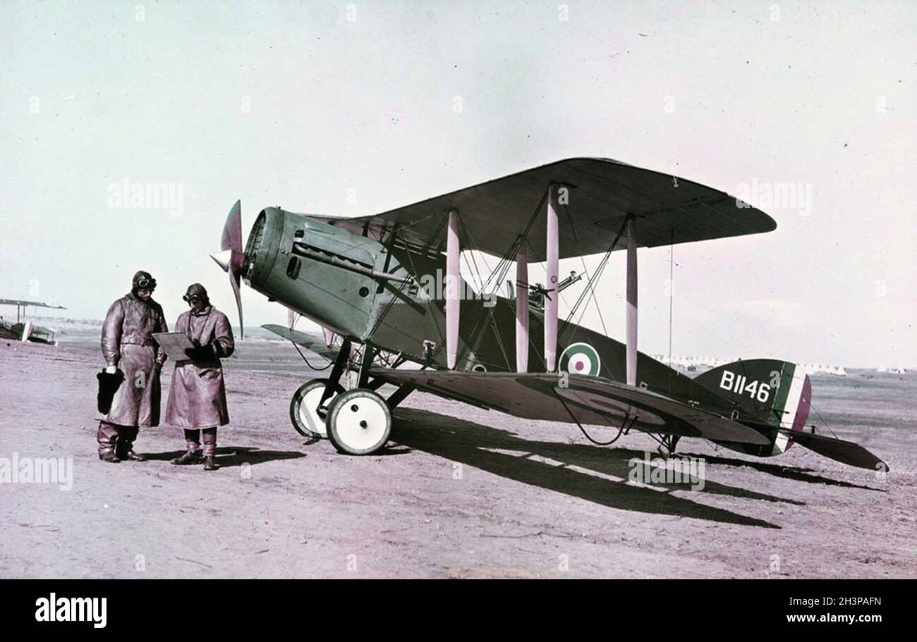 Capitano e osservatore di fronte ad un moderno Bristol Fighter, 1 ° Squadron A.F.C. Palestina, febbraio 1918. Foto Stock