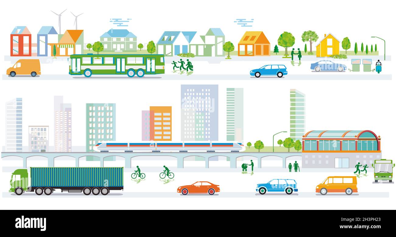 Silhouette della città con traffico e persone, comunità, mappa della città Foto Stock