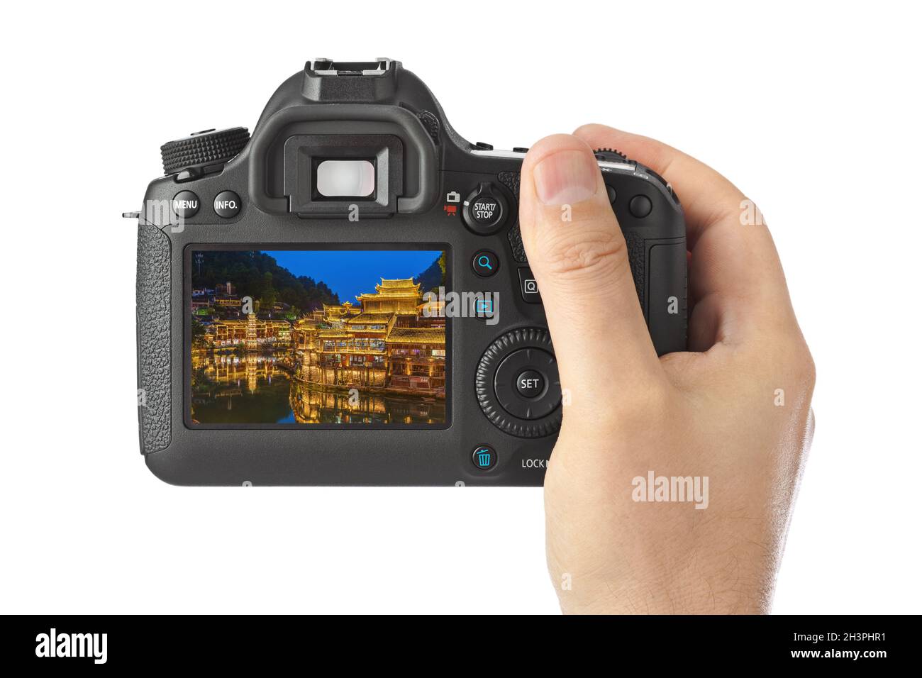 Macchina fotografica e antica città Fenghuang al tramonto in Cina Hunan (la mia foto) Foto Stock