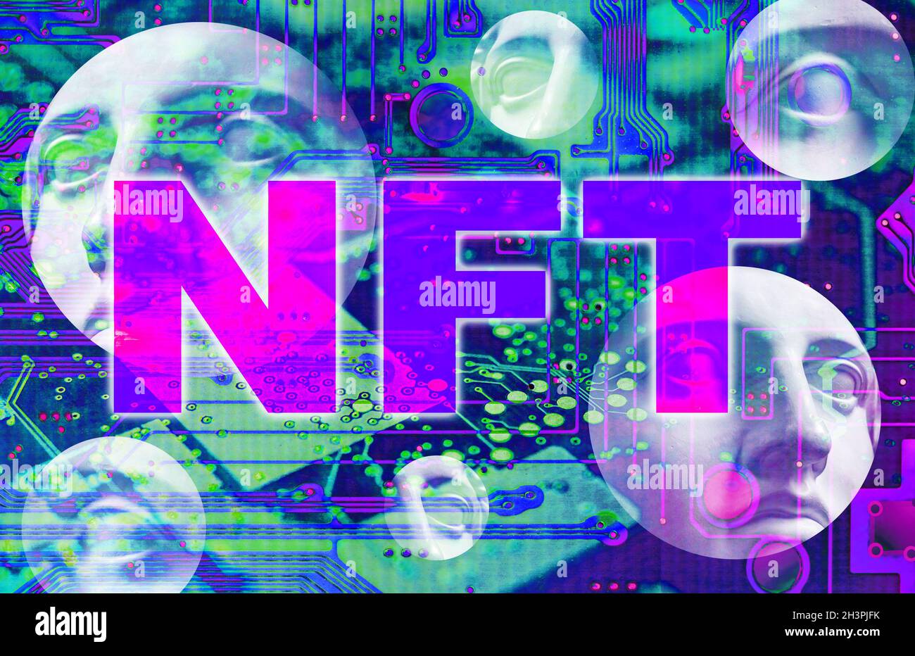Token non fungibile NFT. Concetto di arte di crittografia. Tecnologia che vende oggetti da collezione unici, personaggi di gioco, risorse blockchain e digi Foto Stock