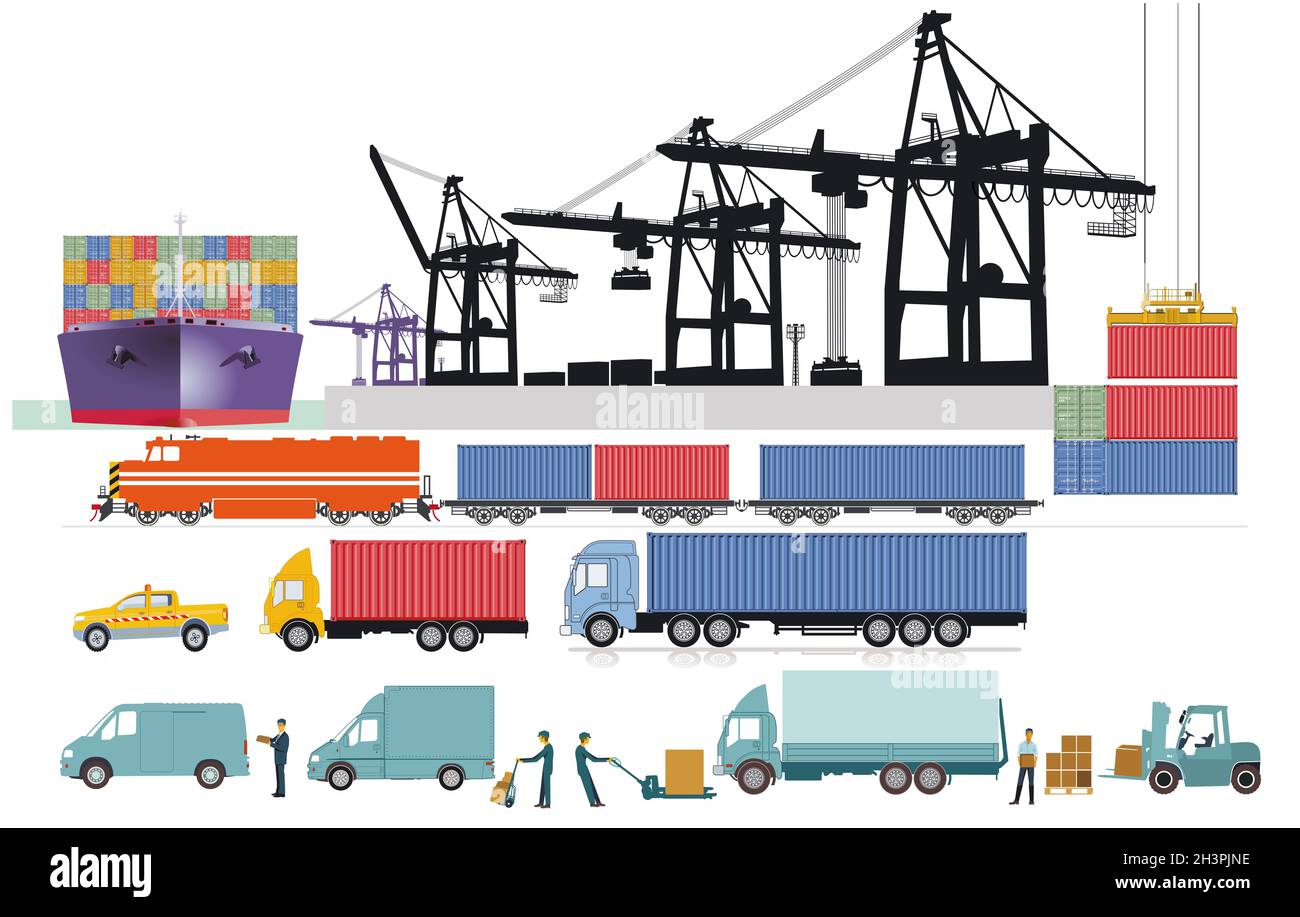 Gru per container, logistica e porto con nave container, spedizione camion e treno merci Foto Stock