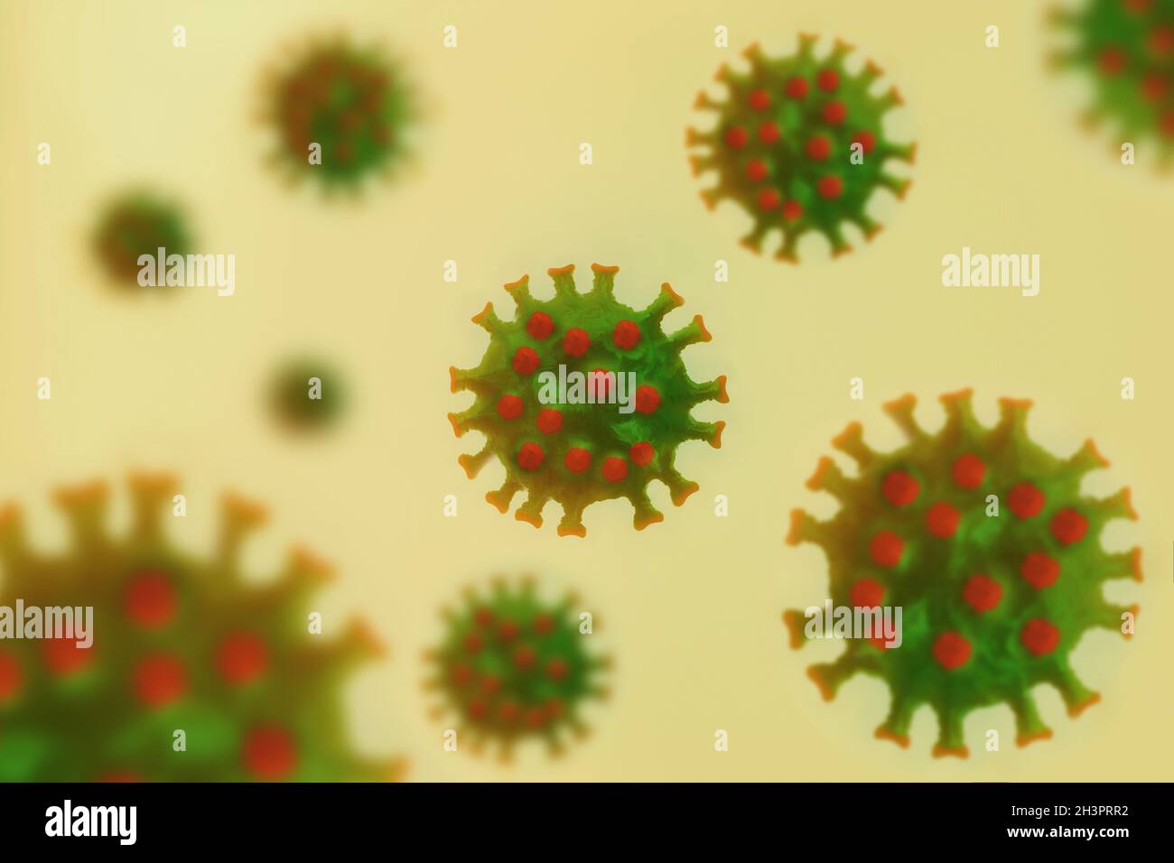 Coronavirus COVID-19. Infezione virale pandemica virale umana, sfocatura e prospettiva. Foto Stock