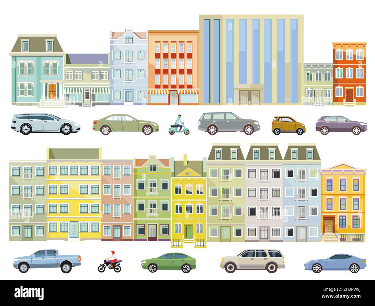 Case in città con auto sulla strada, illustrazione isolato Foto Stock