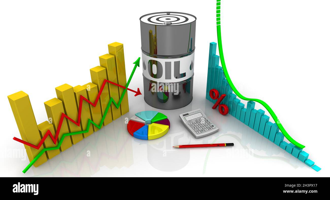 Olio. Dati statistici. Un barile d'olio, grafici degli indicatori di dati di cambiamento, calcolatore elettronico, una matita rossa, un simbolo della percentuale, diagramma rotondo ... Foto Stock