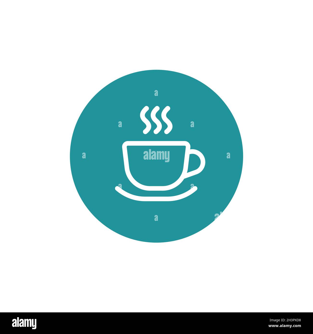 Tazza calda con l'icona del vapore. Tazza con l'icona del tè o del caffè. Pittogramma a linea in cerchio blu isolato su sfondo bianco. Illustrazione vettoriale. Mattina ca Illustrazione Vettoriale