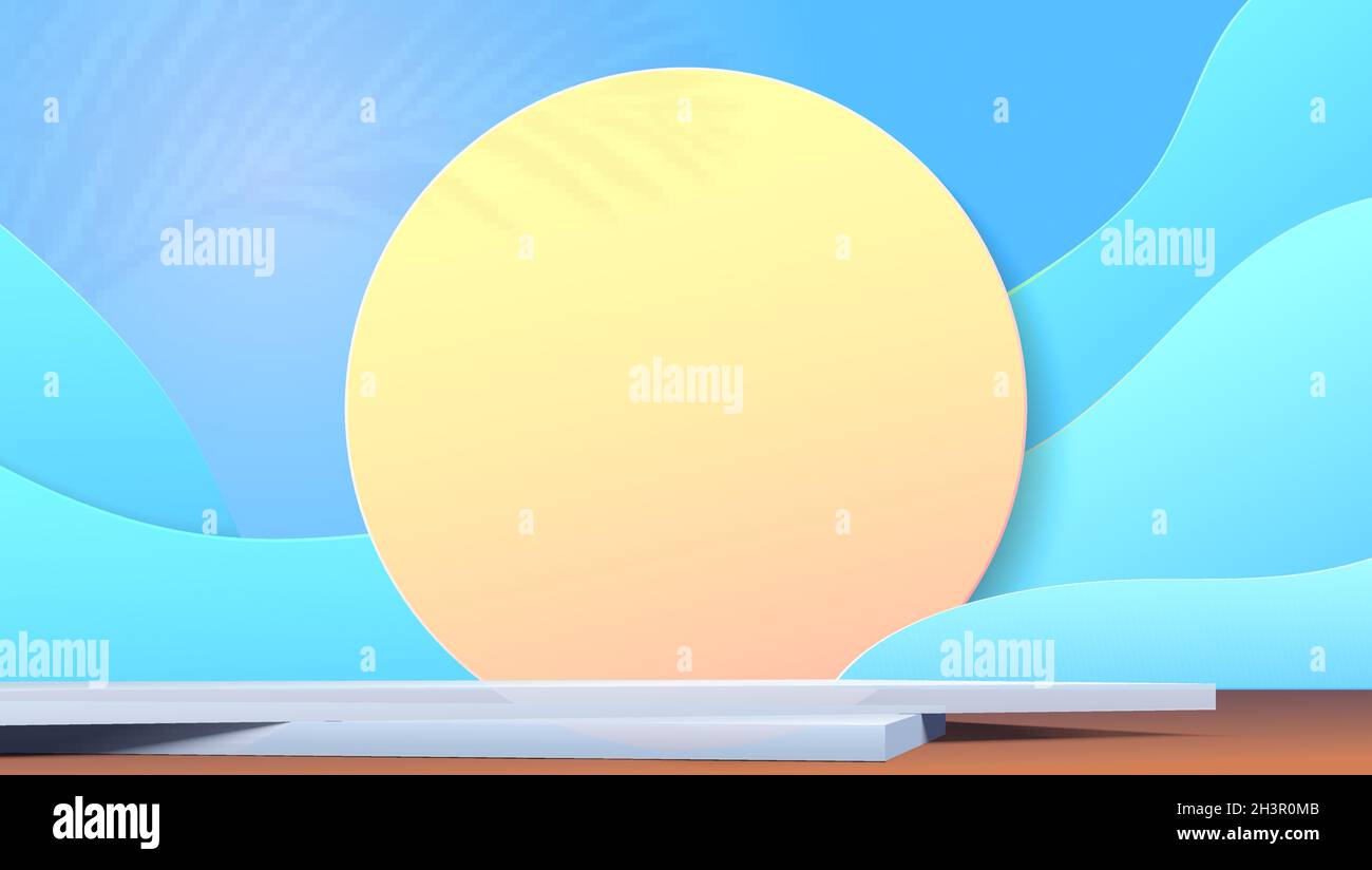 Studio blu per l'esposizione di prodotti cosmetici. Sfondo creativo in stile cartaceo. Forma ondulata sullo sfondo. Illustrazione Vettoriale