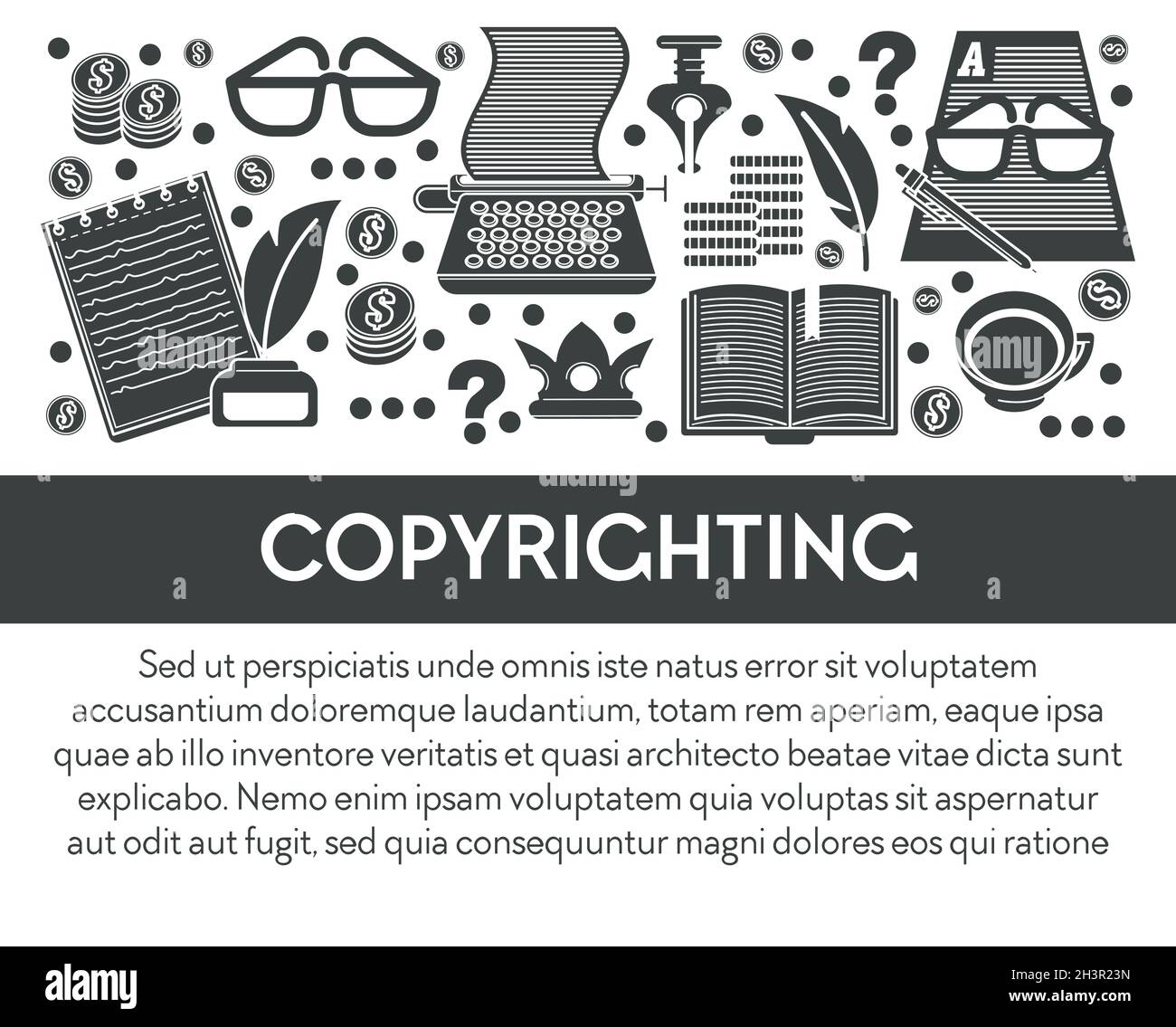 Copyright e proprietà intellettuale, strumenti di scrittura e attrezzature Illustrazione Vettoriale