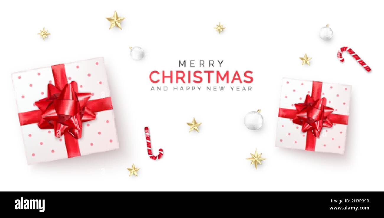 Banner vendita vacanze con scatola regalo con nastro rosso e arco. Poster di Natale. Presenta le scatole con decorazione di Capodanno. Illustrazione vettoriale Illustrazione Vettoriale