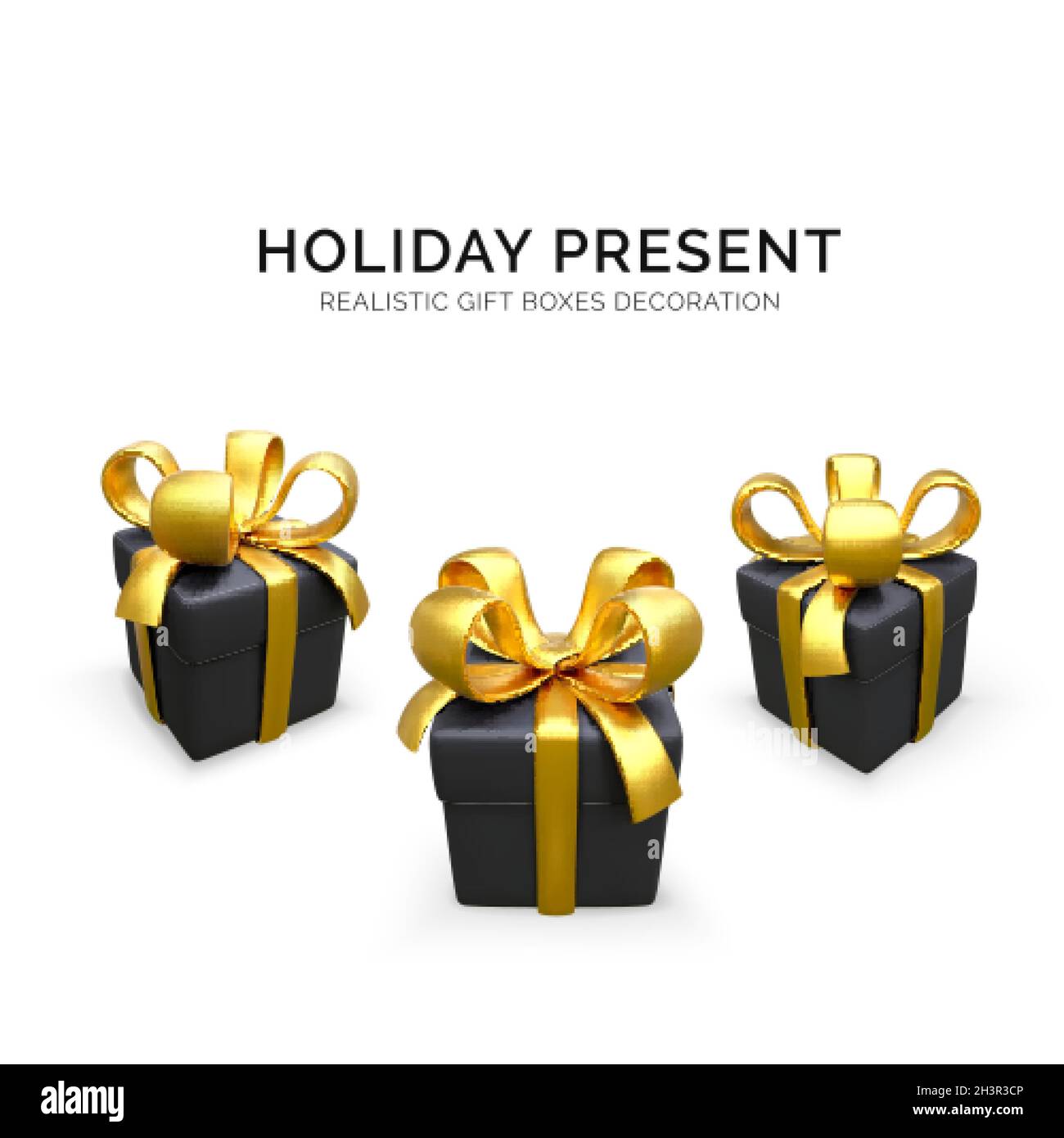 3D scatole nere con nastro d'oro e arco. Elemento di design realistico per le vendite natalizie. Illustrazione vettoriale Illustrazione Vettoriale