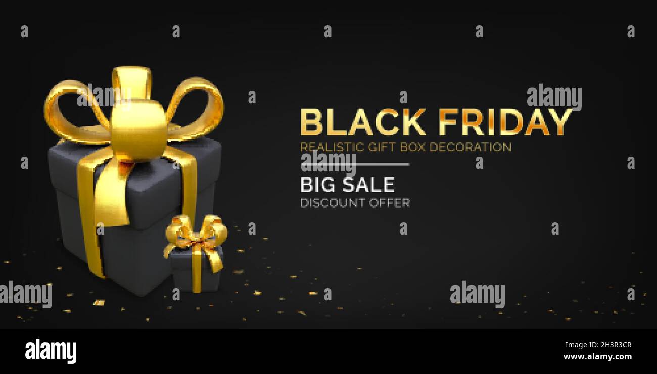 Banner di vendita per le festività. Poster del black friday o del Luxury Christmas. scatole 3d con nastro d'oro e arco. Illustrazione vettoriale Illustrazione Vettoriale