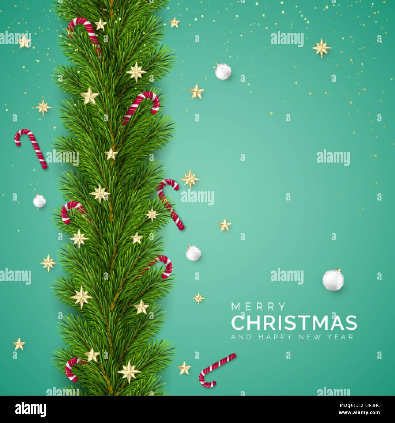 Rami dell'albero di Natale decorati con stelle d'oro e fiocchi di neve, caramelle e palline bianche di Natale. Elemento di decorazione di festa con i desideri. VEC Illustrazione Vettoriale