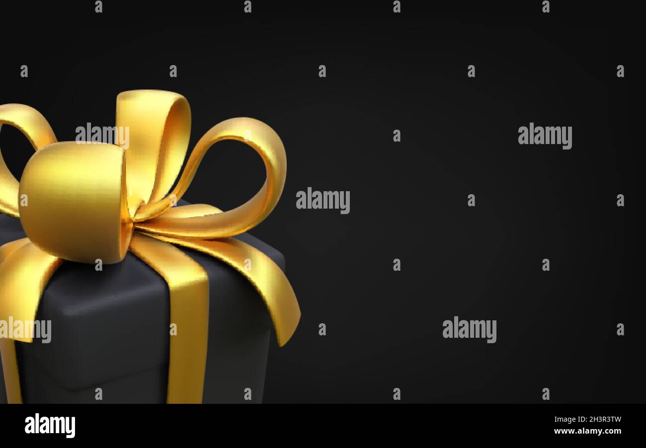 Banner regalo natalizio. Black regalo per Natale e Capodanno. Contenitore 3D con nastro d'oro. Illustrazione vettoriale Illustrazione Vettoriale