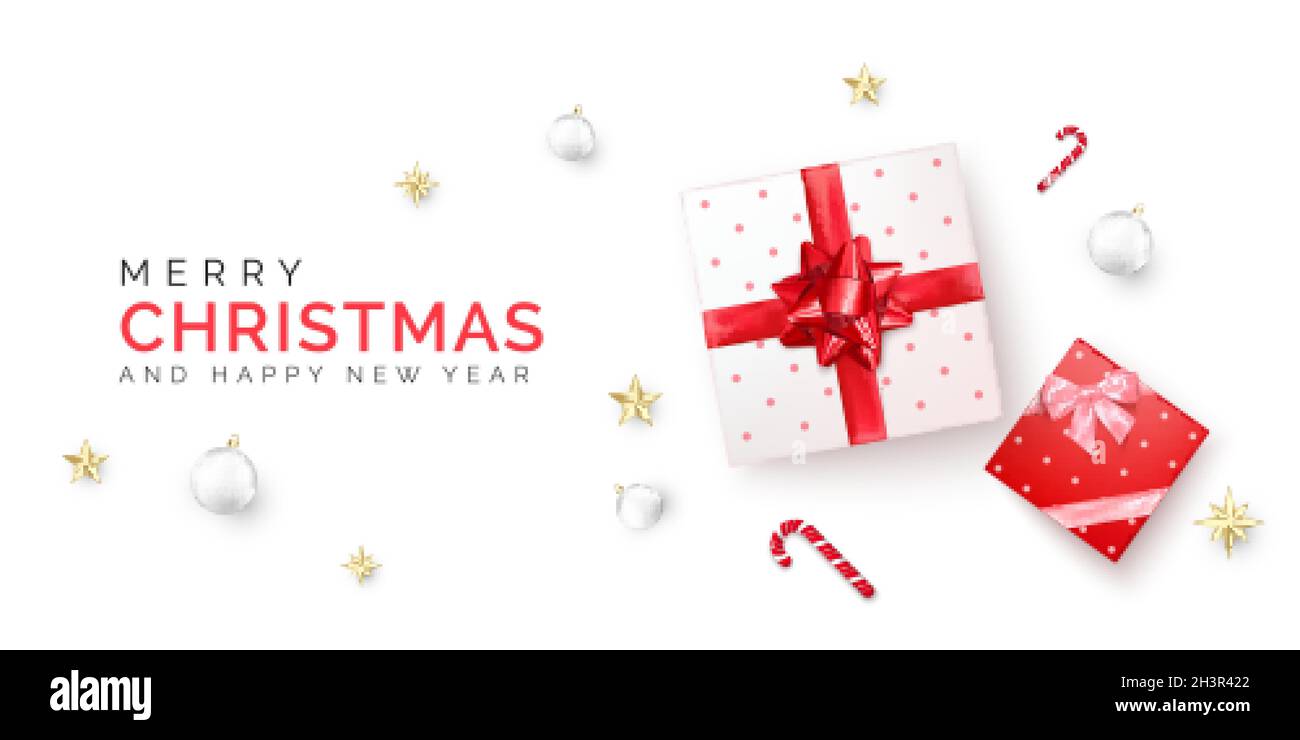 Poster di Natale. Banner vendita vacanze con scatola regalo con nastro rosso e arco. Presenta le scatole con decorazione di Capodanno. Illustrazione vettoriale Illustrazione Vettoriale