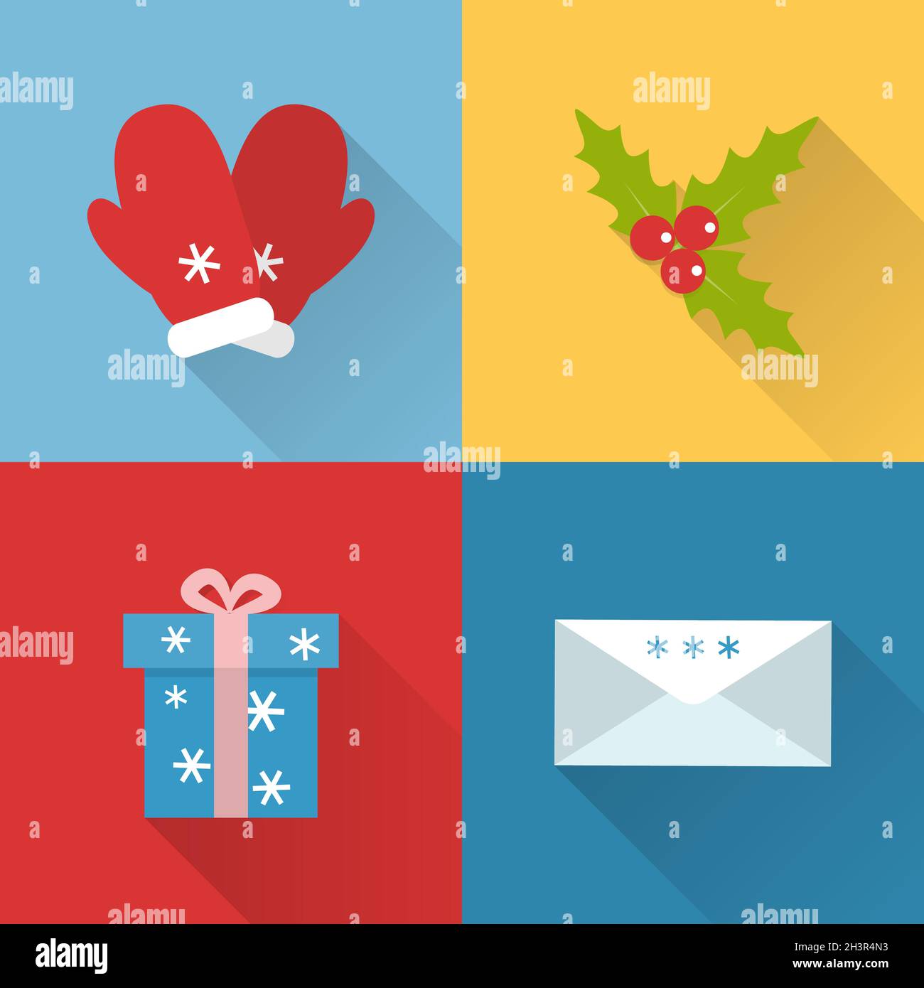 Collezione di icone natalizie in stile piatto con lunga ombra Illustrazione Vettoriale