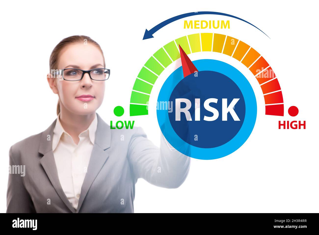 Donna d'affari nel concetto di gestione e di misurazione del rischio Foto Stock