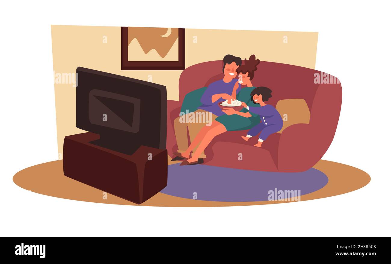 La famiglia guarda la TV sul divano con popcorn, soggiorno Illustrazione Vettoriale
