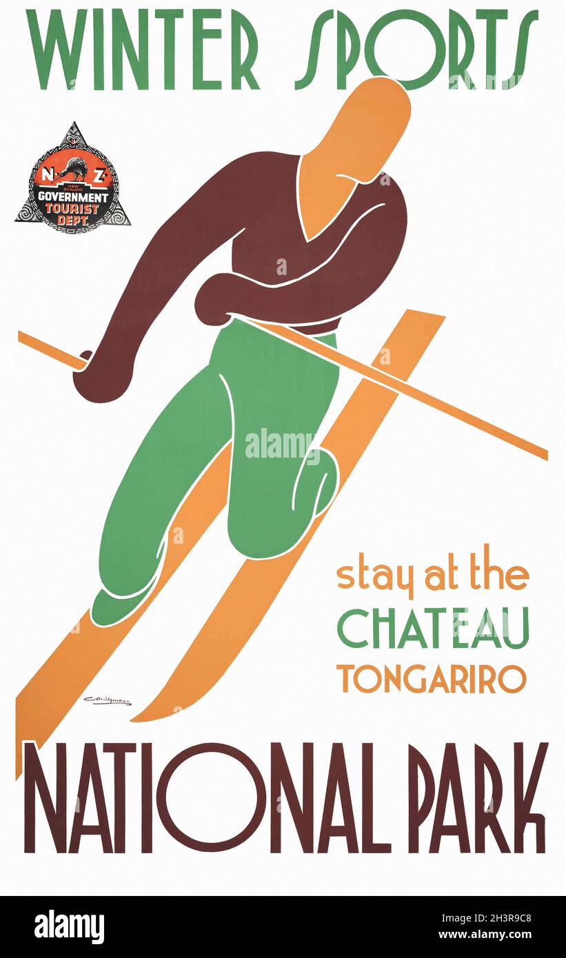 Sport invernali. Soggiornate al Chateau Tongariro. Parco Nazionale di George Frederick Thomas Bridgman (1897-1966). Poster d'epoca restaurato pubblicato nel 1937 in Nuova Zelanda. Foto Stock