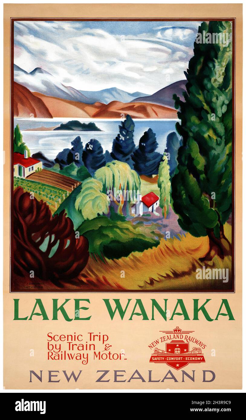 Lago Wanaka. Viaggio panoramico in treno e in treno. Nuova Zelanda di John Holmwood (1910-1987) . Poster d'epoca restaurato pubblicato negli anni '30 in Nuova Zelanda. Foto Stock