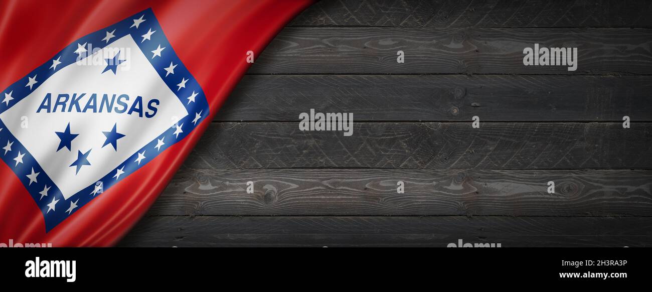 Bandiera dell'Arkansas su banner da parete in legno nero, USA Foto Stock