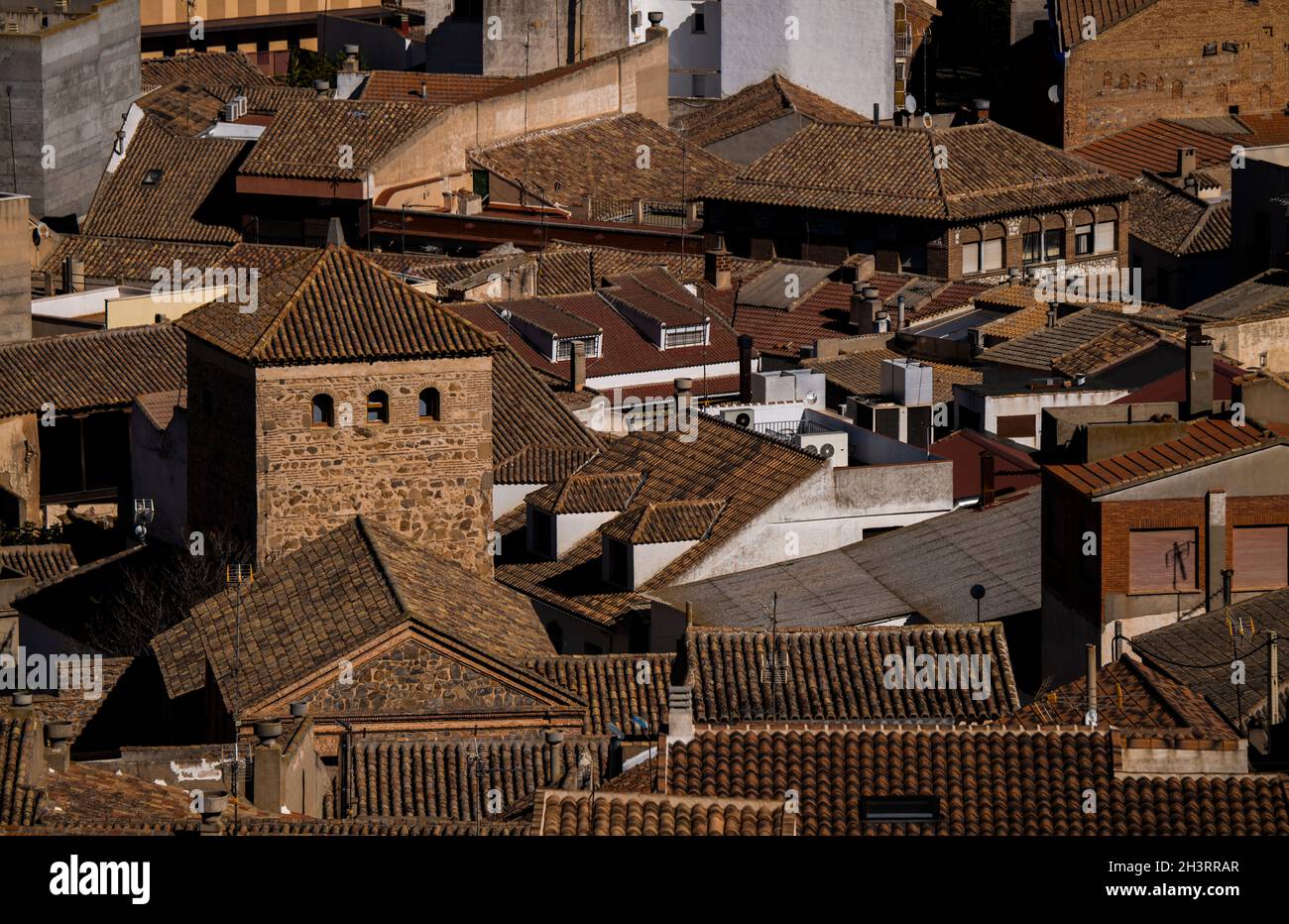 Veduta aerea della piccola città, Consuegra, Castilla la Mancha, Spagna Foto Stock