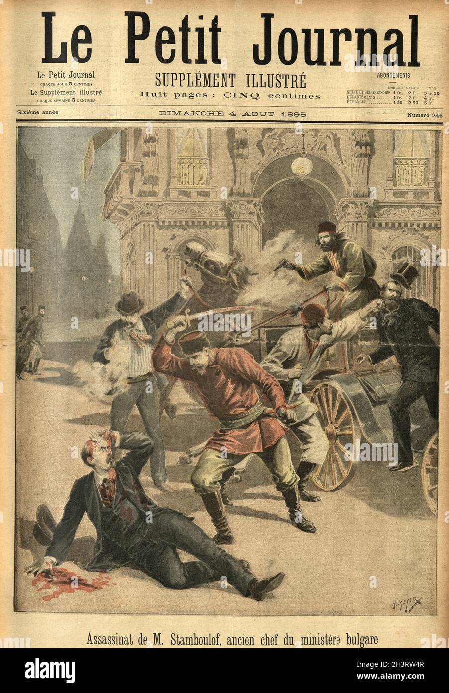 Prima pagina di le Petit Journal, 21 juillet 1895. Assassinat de M. Stamboulof, ancien chef du ministere bulgaro. Assassinio di Stefan Stambolov, ex primo Ministro della Bulgaria. Foto Stock