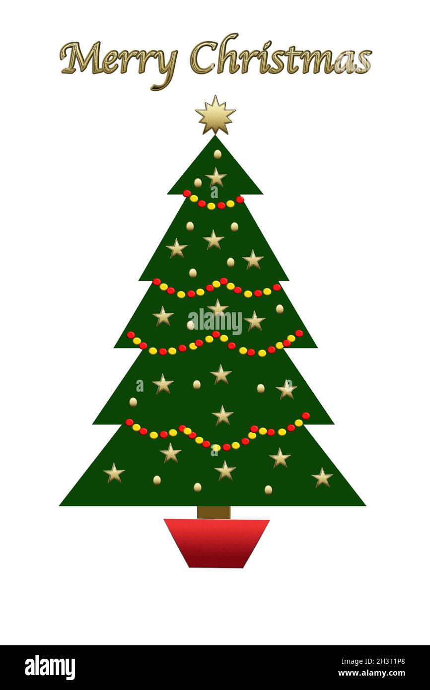 Buon saluto di Natale, illustrazione di abete decorato con stelle d'oro Foto Stock