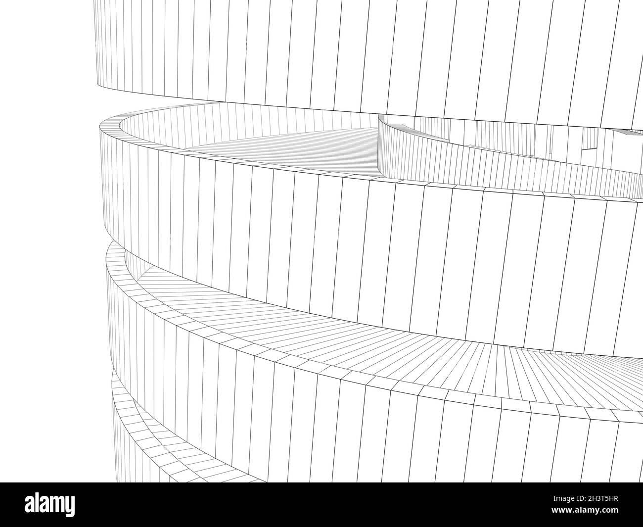 Modello esterno della torre rotonda con telaio in filo, linee di contorno isolate su sfondo bianco, illustrazione del rendering 3d Foto Stock