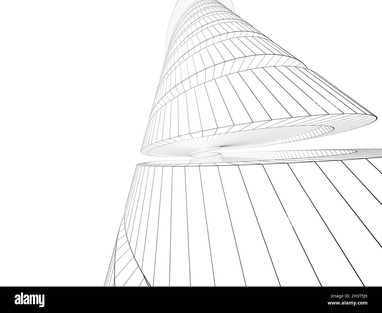 Modello di torre a spirale con struttura a filo, vista prospettica grandangolare isolata su sfondo bianco, illustrazione del rendering 3d Foto Stock
