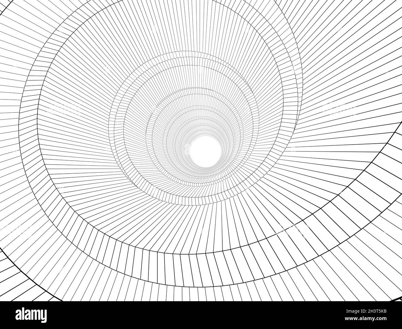 Modello interno a spirale con struttura a filo, vista prospettica grandangolare isolata su sfondo bianco, illustrazione del rendering 3d Foto Stock