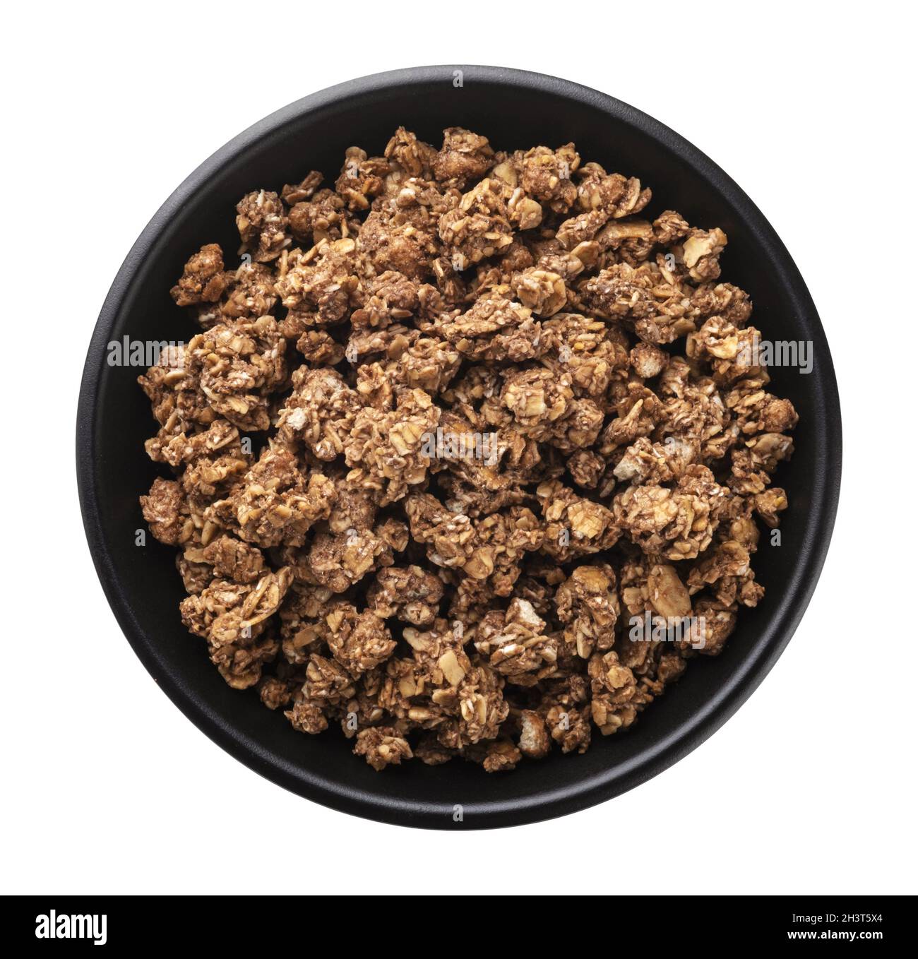 Piatto nero di granola al cioccolato, vista dall'alto Foto Stock